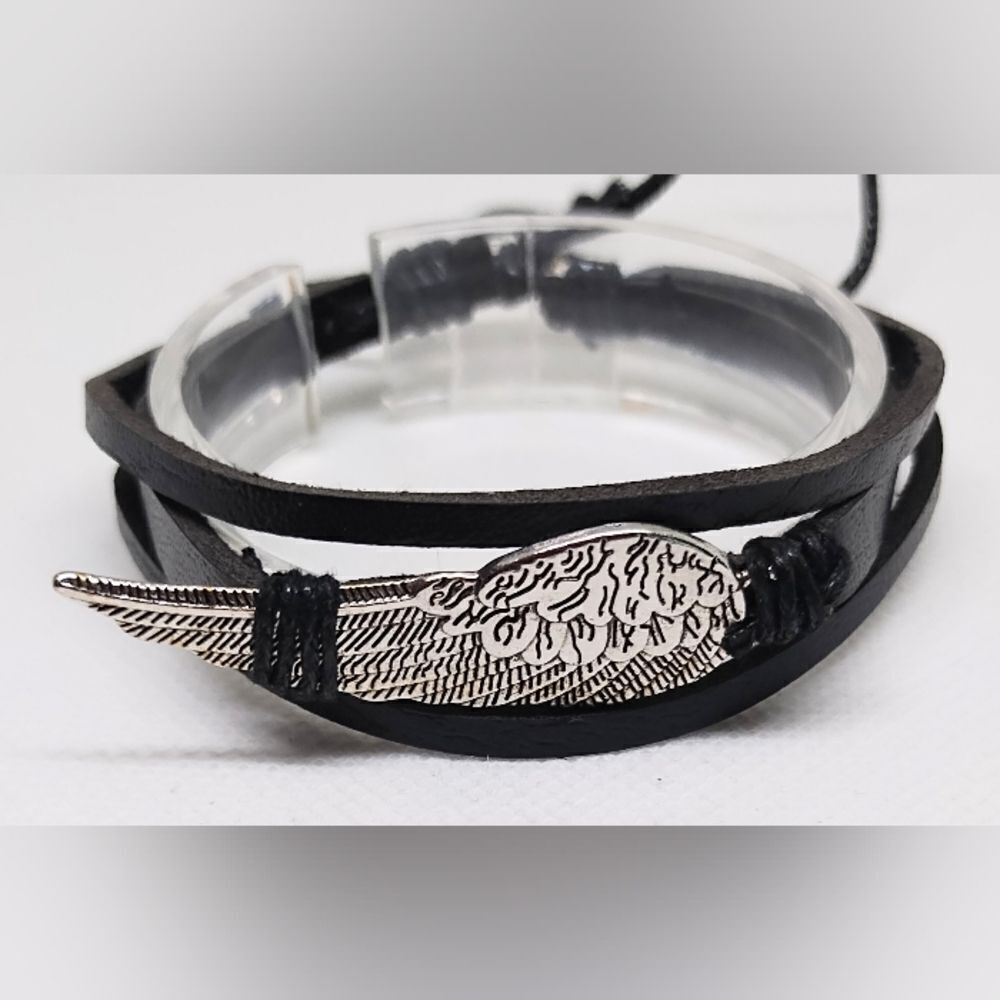 Men's bracelet leather feather‎ layered black new e55